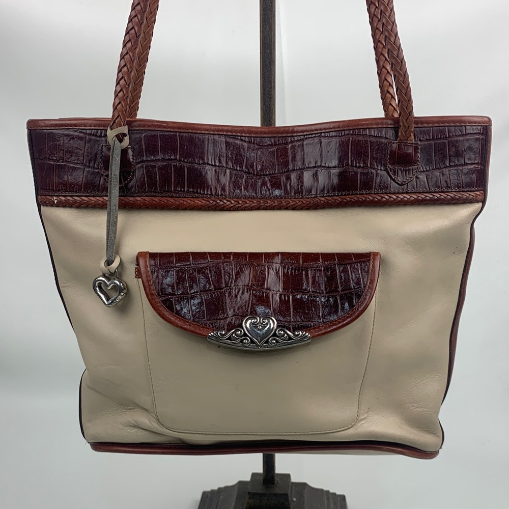 Brighton Vintage leather Creme Brown Tote Shoulder Bag Braided Strap Pockets